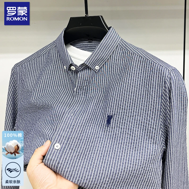 罗蒙男士秋季长袖纯棉衬衫穿搭休闲中青年时尚宽松格子衬衣上衣潮