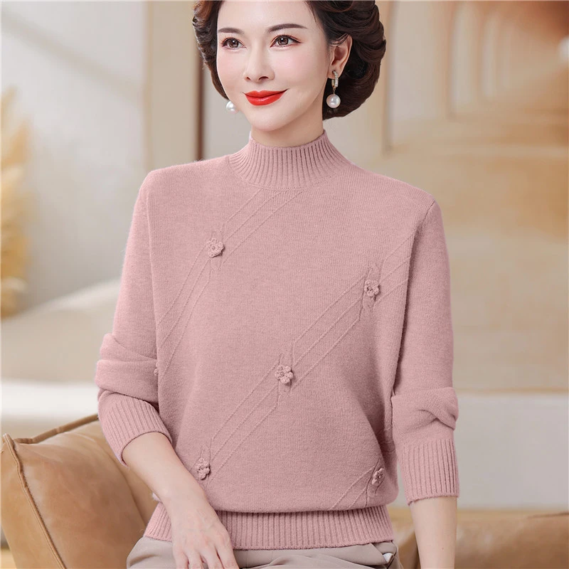 爆款妈妈秋冬装毛衣半高领内搭纯色上衣中年女冬装加厚针织打底衫
