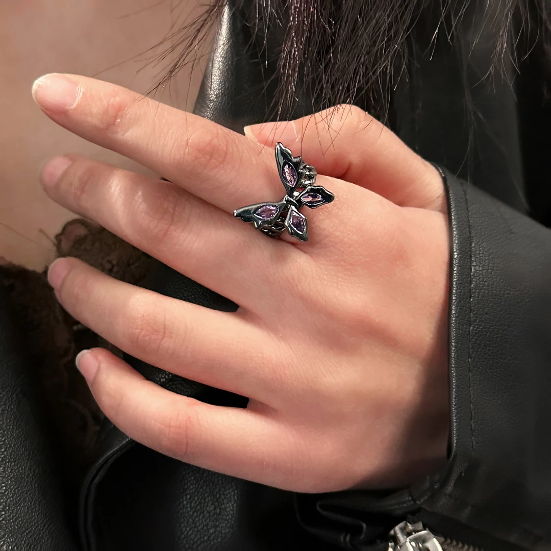 合金戒指 J0324-1时尚轻奢设计感小众个性高级感百搭黑蝴蝶开口戒