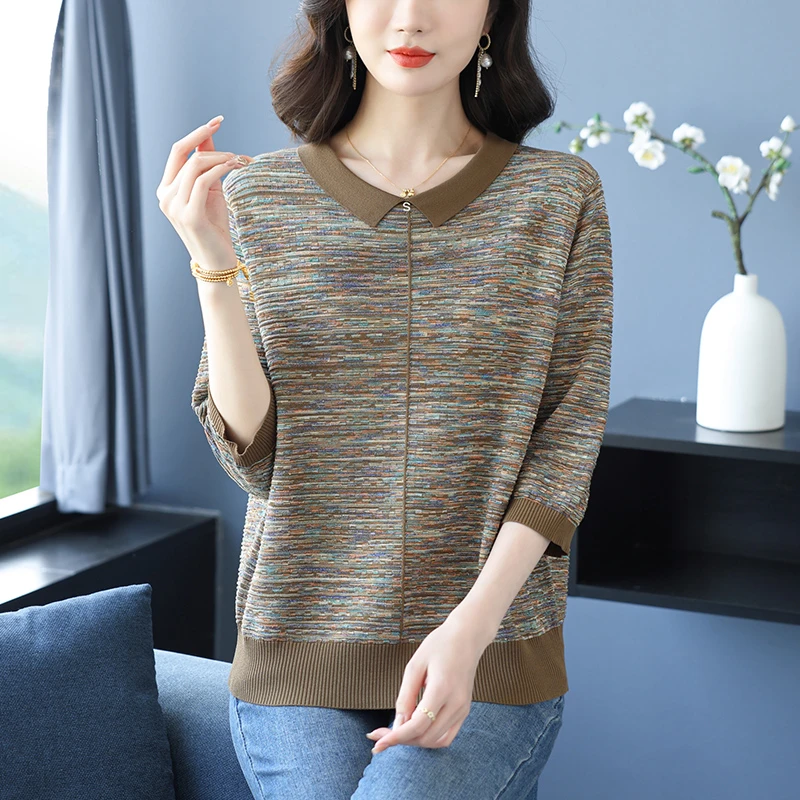 小翻领上衣气质高级感大码女装冰丝针织衫2025新款中袖t恤遮肚子