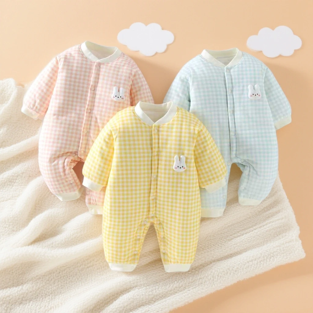 宝宝棉服抗菌加厚哈衣爬服a类格子婴幼儿连体衣秋冬季夹棉外出服