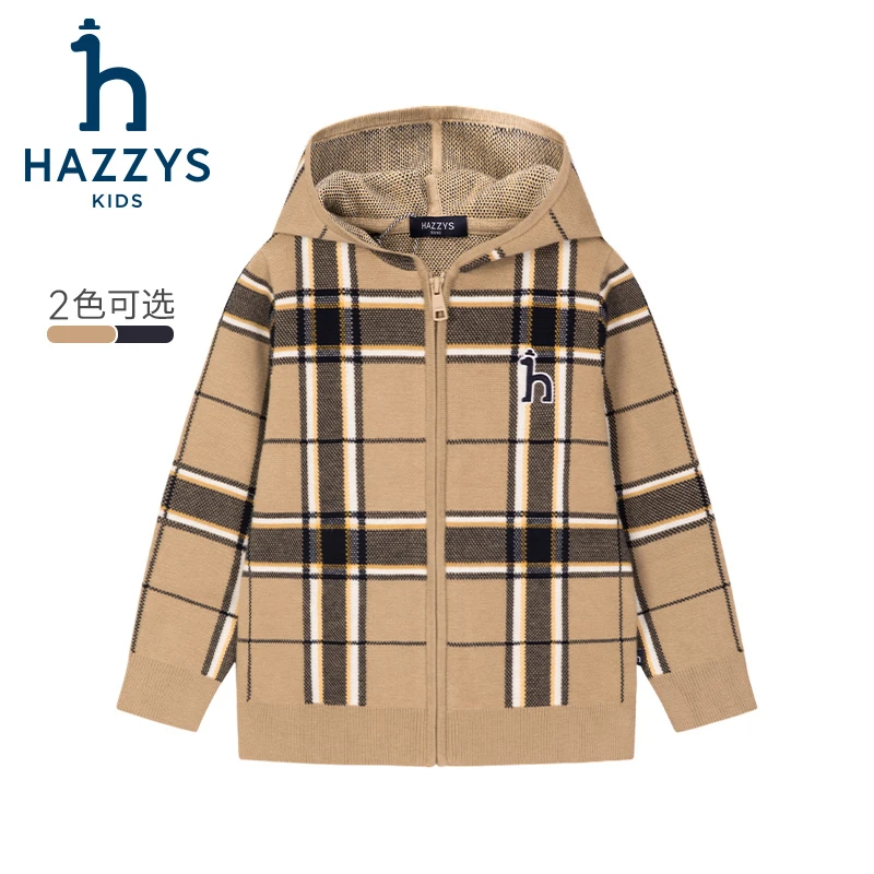 Hazzys/哈吉斯品牌童装【达人专属】男童线衣开身开衫针织连帽格子