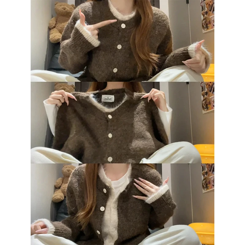 毛衣女春秋日系温柔慵懒风假两件设计感针织开衫宽松百搭长袖上衣