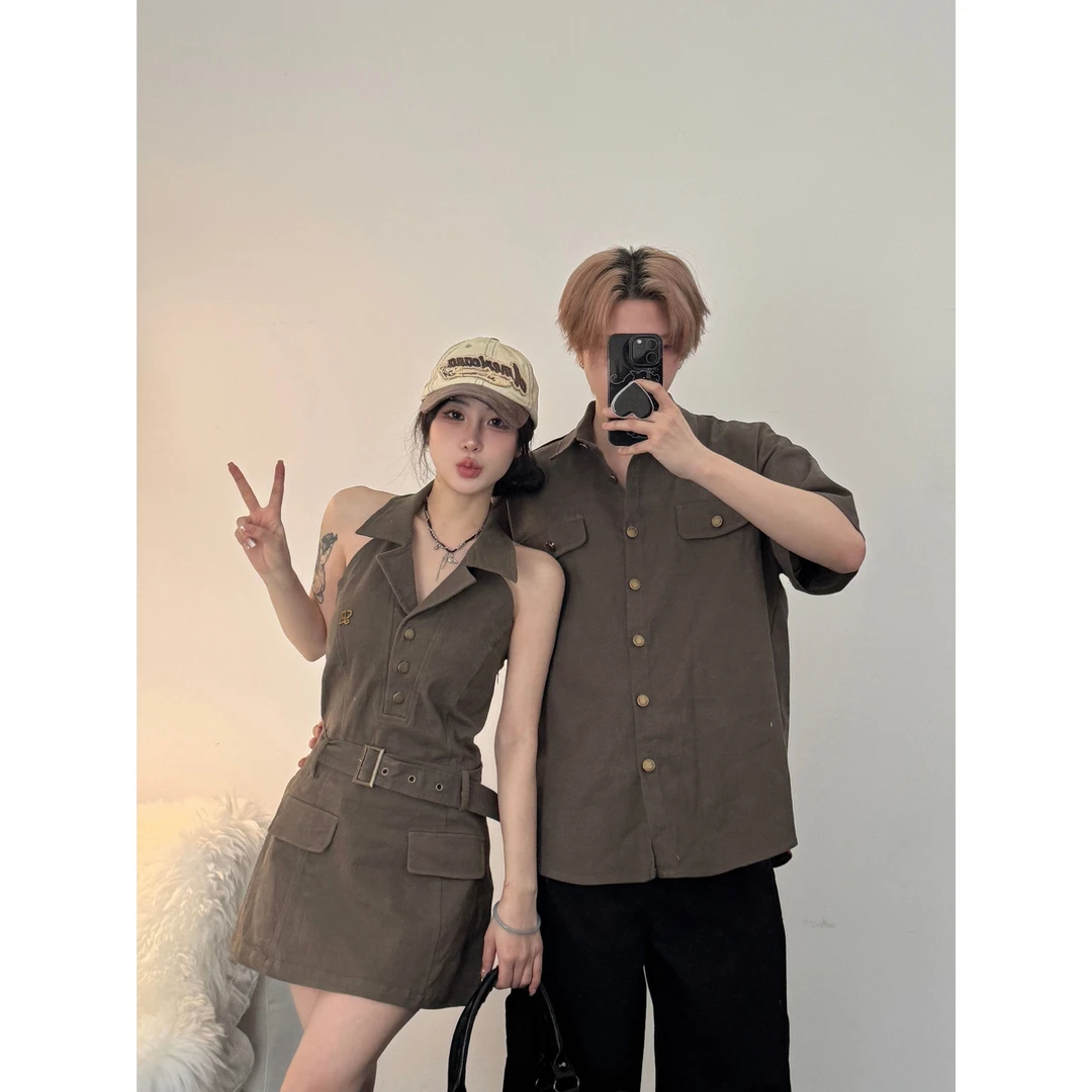 小众设计感情侣装夏季2025韩版短袖衬衫+连衣裙法式一裙一衣ins潮