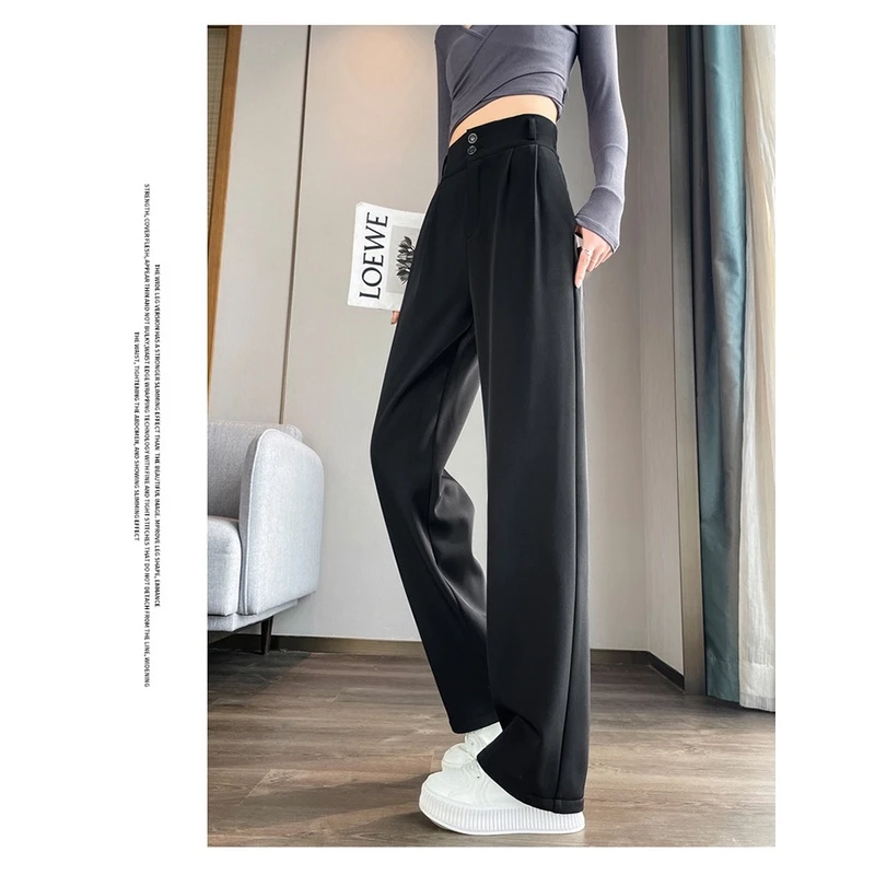 2025黑色阔腿裤女春秋高腰垂感胖梨形身材裤子直筒显瘦窄版西装裤