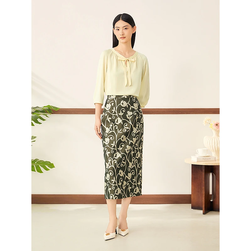 YINER音儿2025新款法式色织提花气质裙子H型直筒半身裙8C35350140