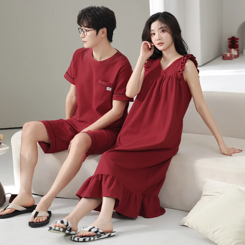 带胸垫新婚情侣睡衣夏季华夫格纯棉无袖睡裙女红色精致结婚家居服