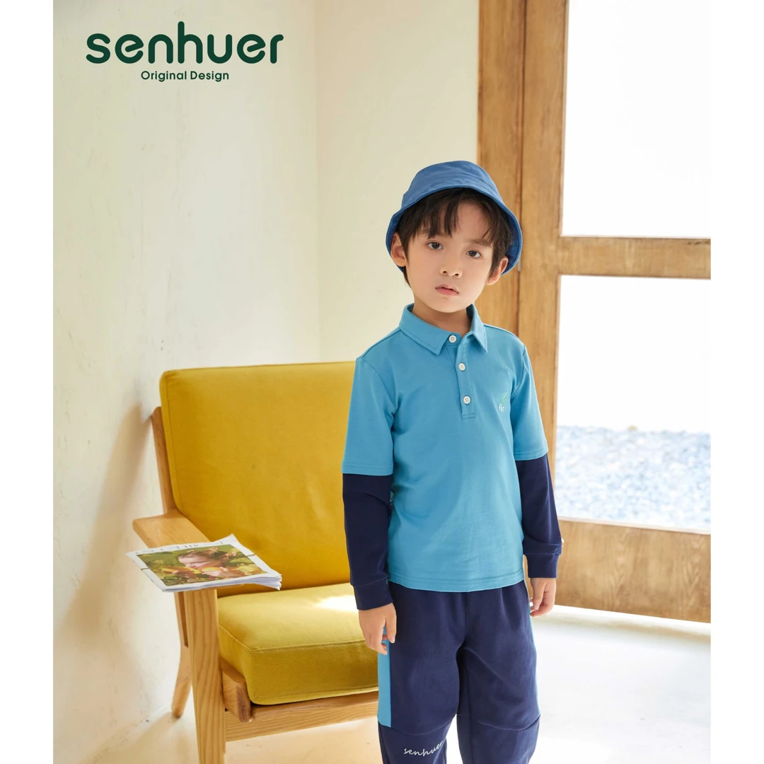 【森虎儿】春季休闲POLO领男童长袖打底双色拼接假两件4111020187