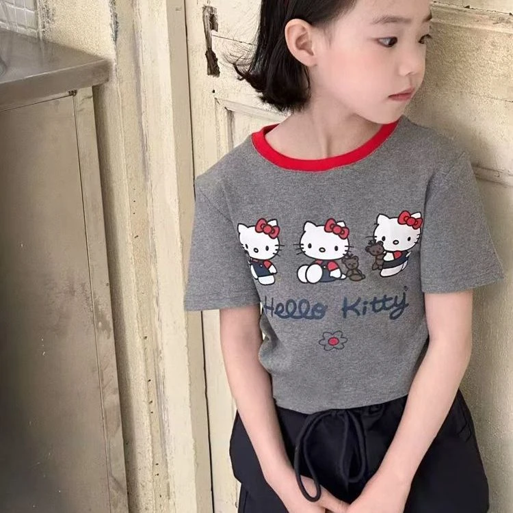 儿童莫代尔夏季新款女童拼色洋气可爱KT猫印花短袖t恤短款圆领衫
