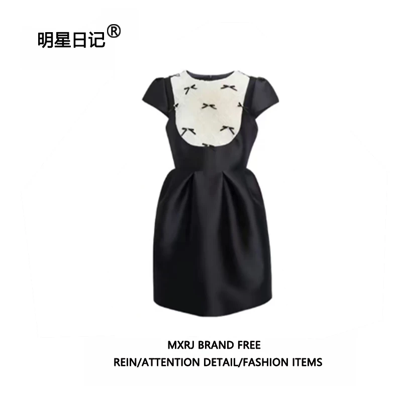 明星日记露思同款蕾丝泡泡袖连衣裙25夏新款重工蝴蝶结蓬蓬小黑裙