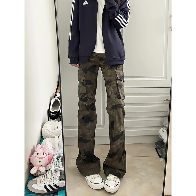 美式微喇迷彩牛仔裤男窄版高街vibe裤子显腿长显瘦修身直筒工装裤