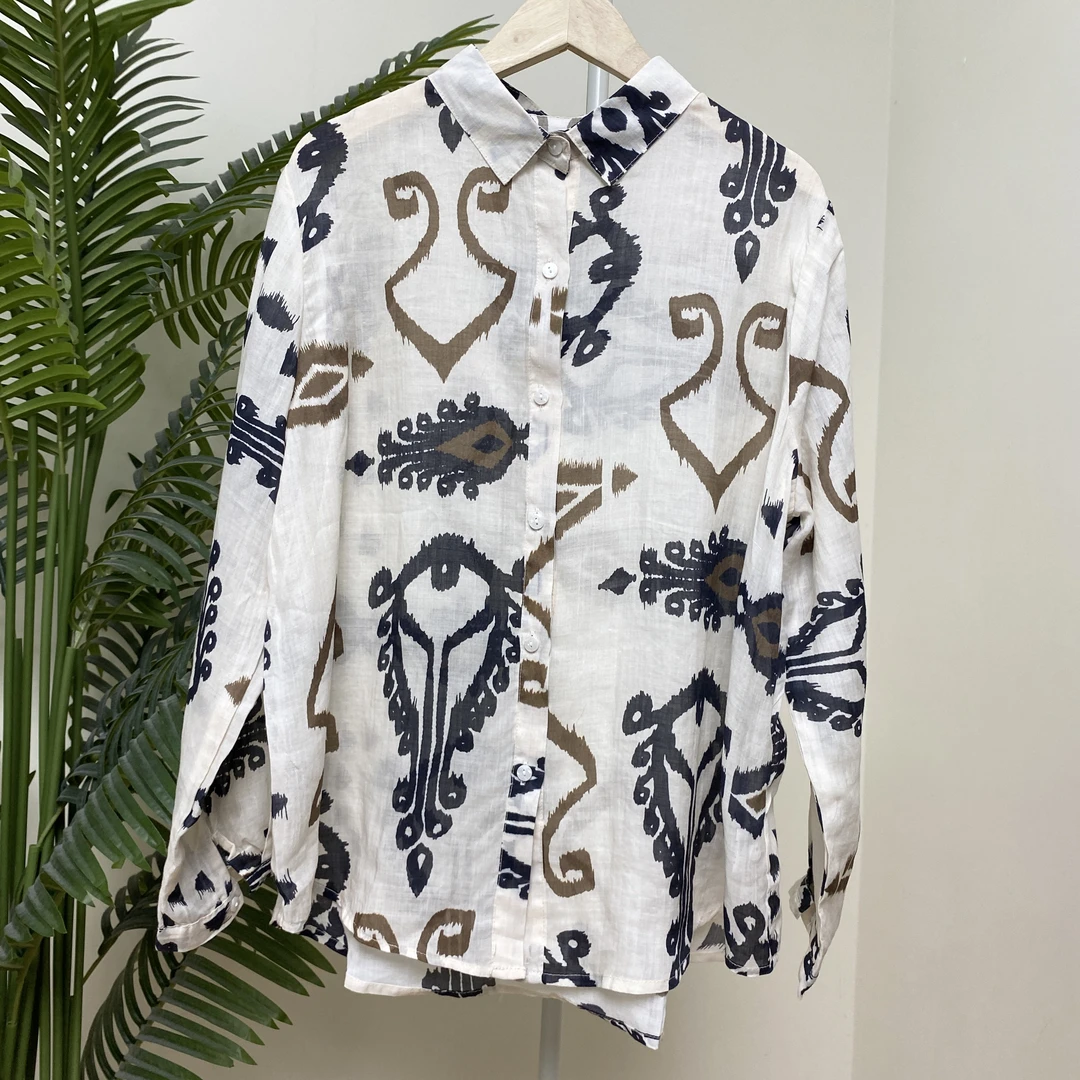 【长袖波西米亚风印花苎麻衬衫】4053