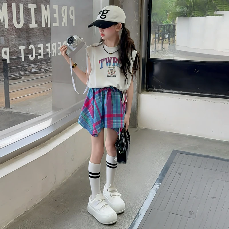 【林优诺】套装韩版夏季格子女童中大童儿童洋气舒适jk女孩学院风
