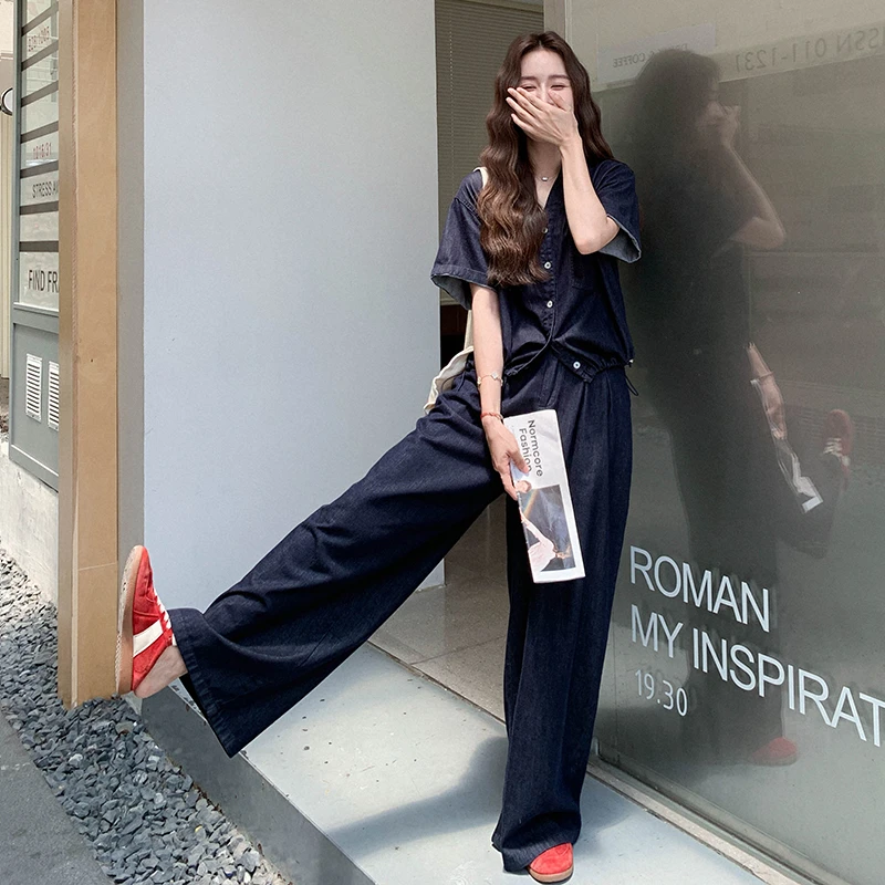 盐系松弛感穿搭一整套女2025年夏季新款百搭显瘦上衣阔腿裤两件套