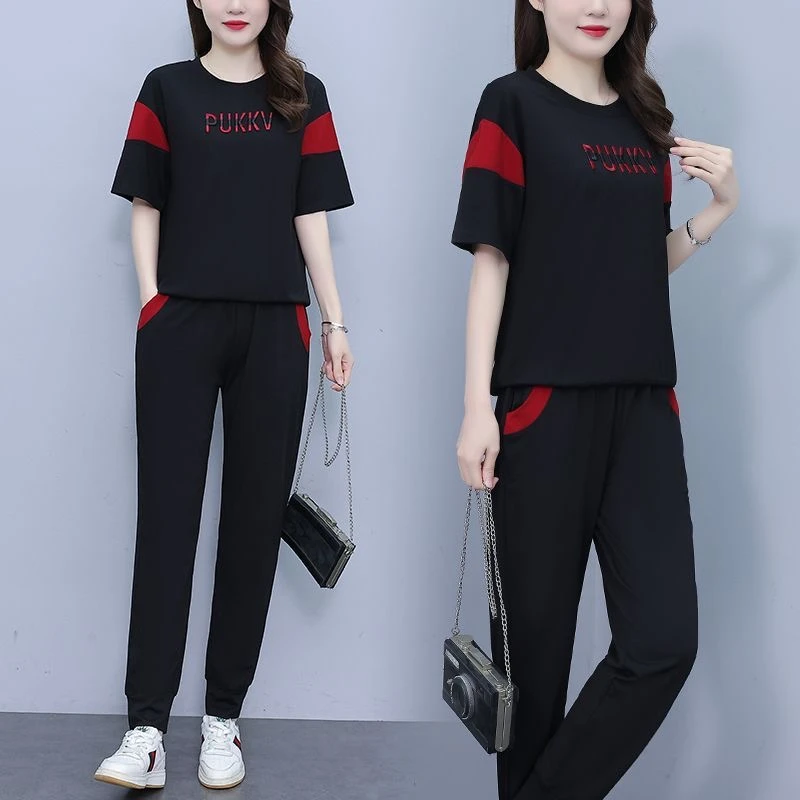 休闲短袖卫衣套装一整套夏季新款网红大码宽松显瘦上衣裤子两件套