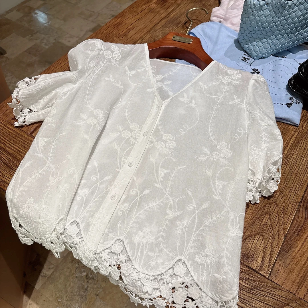 Momo2025夏季百搭高级新中式国风衬衫高密度棉白色气质