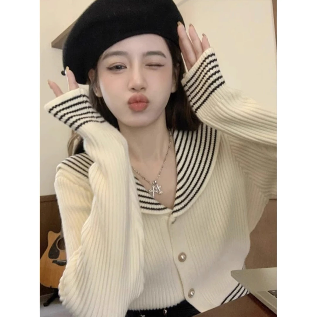 设计感小众海军领条纹针织开衫女秋冬小香风短款毛衣外套减龄上衣
