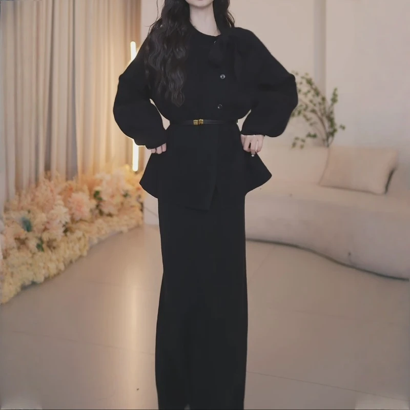 法式轻熟风蝴蝶结设计宽松百搭收腰上衣高腰半身裙长裙秋季两件套