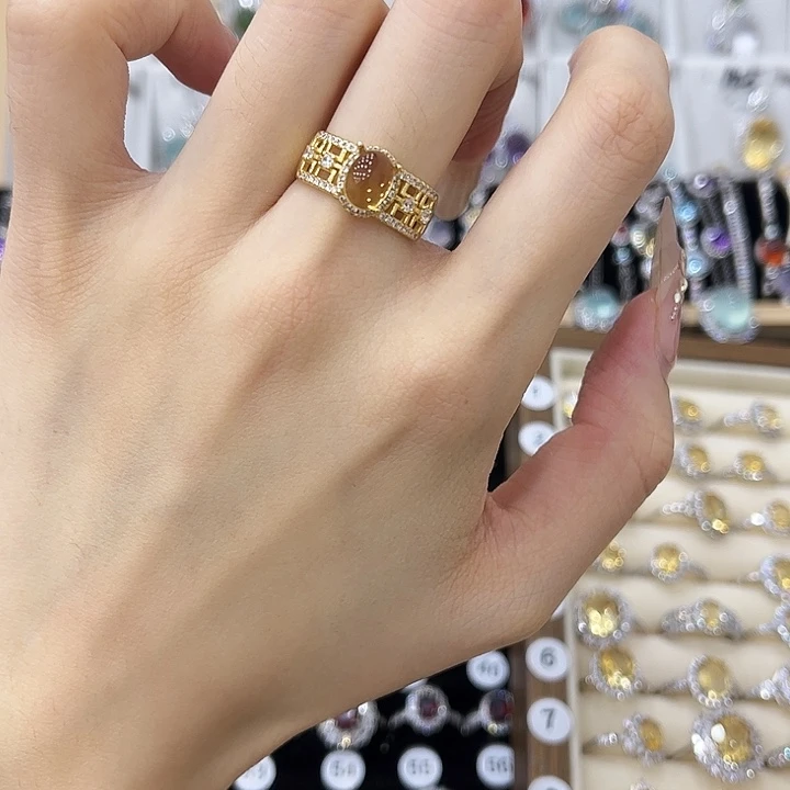 黄晶戒指银S925镀金镶嵌