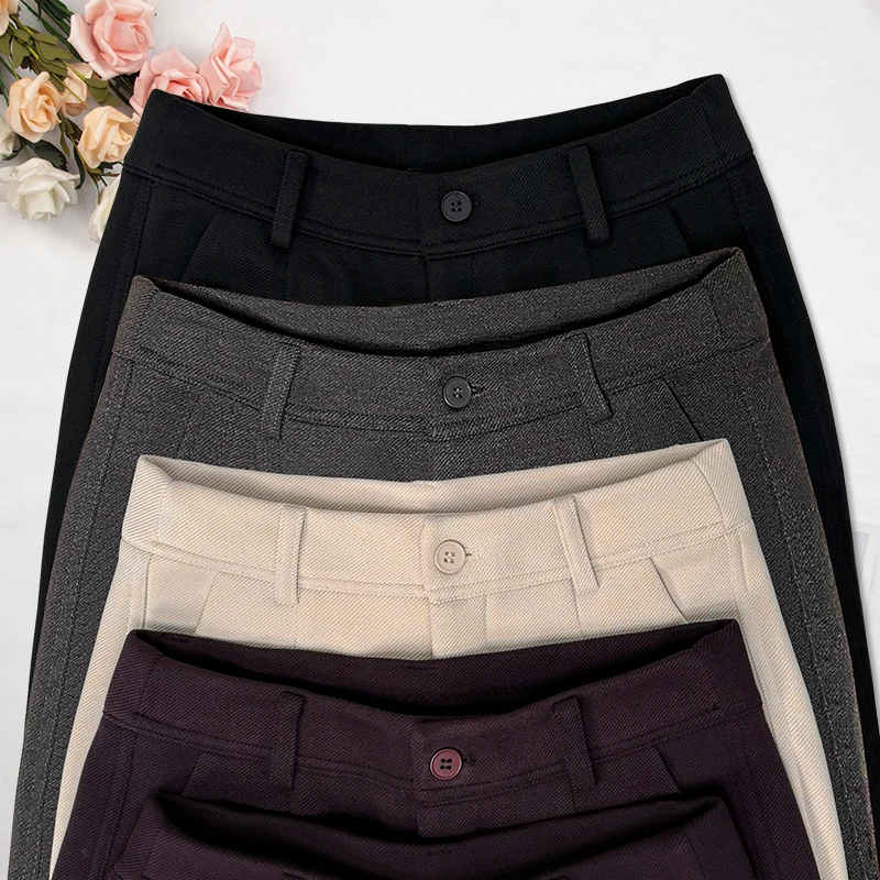 早春款舒适薄绒百搭休闲镰刀直筒裤时尚高腰显瘦遮肉羊毛女裤宽松