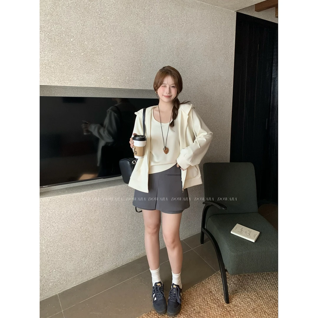 现货大婉酱微胖定制连帽卫衣背心两件套女春季百搭显瘦套装 7703D