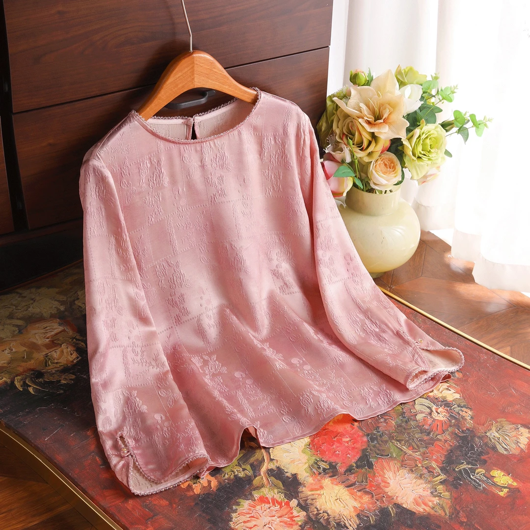 《丝暮》桑蚕丝春夏新中式轻国风圆领冠乐绉提花衬衫珍珠真丝上衣