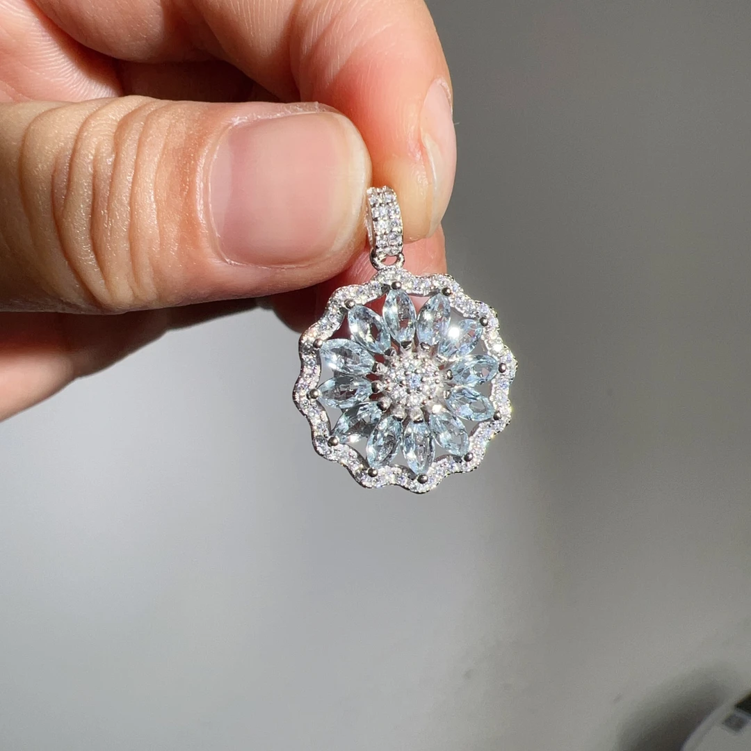 S925银天然海蓝宝吊坠18mm