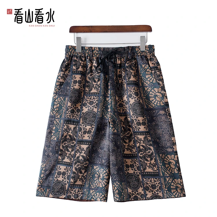 【看山看水】99622红云纱男装桑蚕丝提花缎短裤新中式休闲五分裤