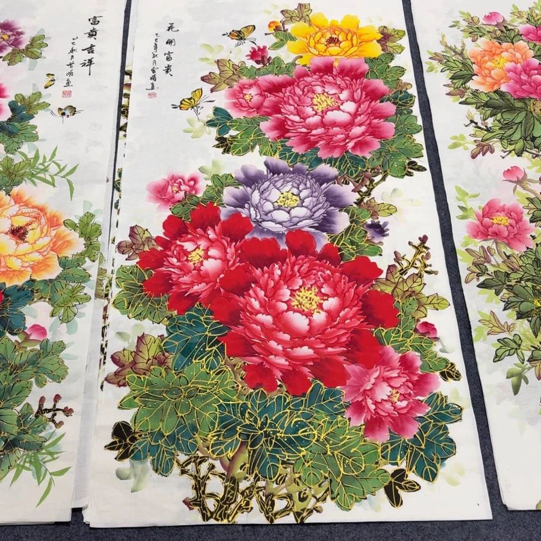 国画140×70千层金线牡丹手绘画画画