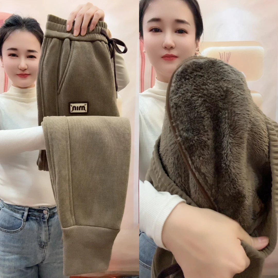 8002秋冬新款加绒加厚灯芯绒束脚哈伦裤外穿保暖时尚百搭