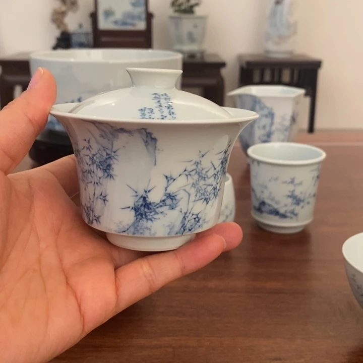 定闪景德镇艺术板桥竹盖碗