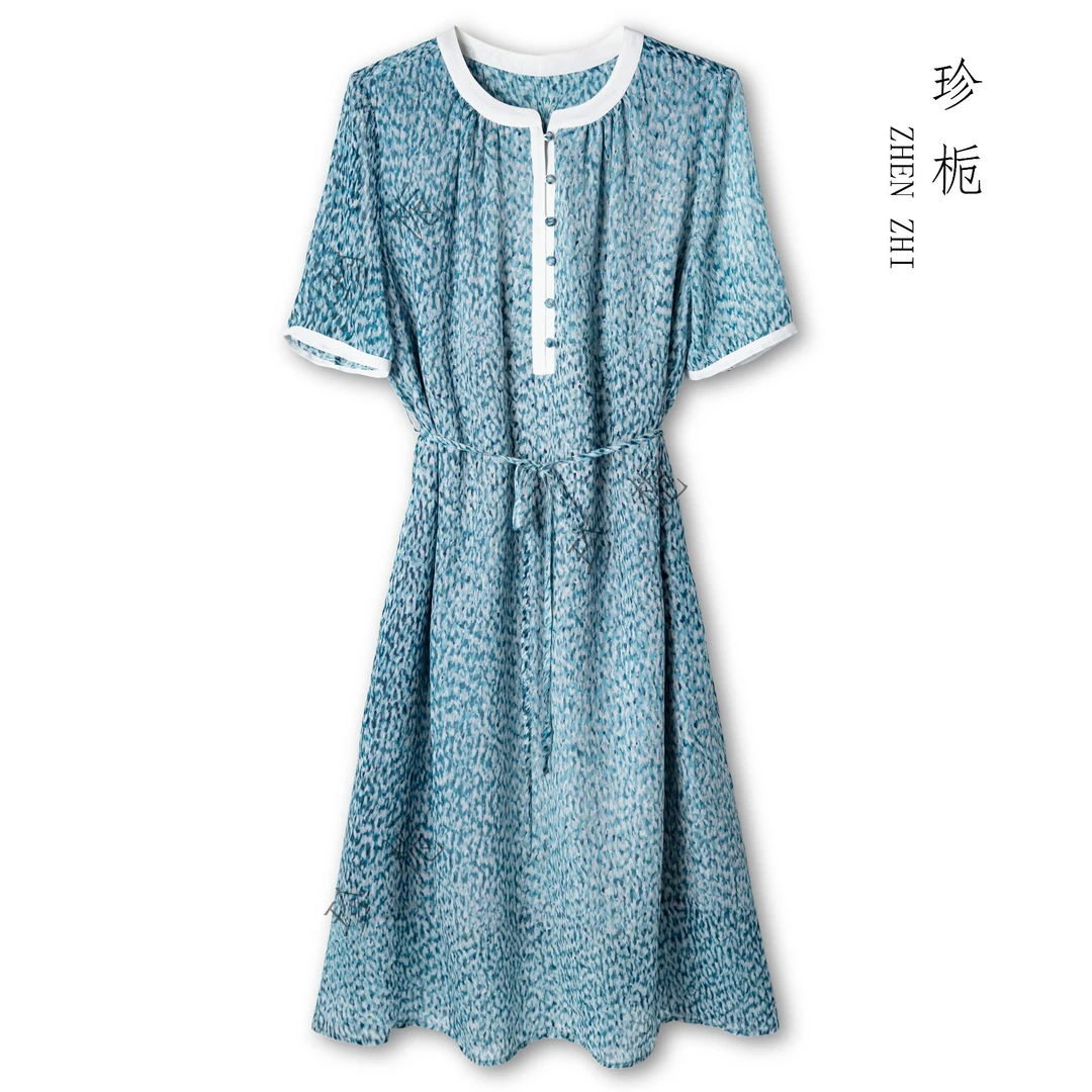 珍栀【莫奈花园】夏季蓝色时尚气质桑蚕丝碎花女士连衣裙ZL5061-1