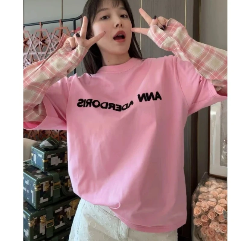 2025早春ins减龄休闲圆领显瘦百搭宽松小众设计感假两件长袖T恤女