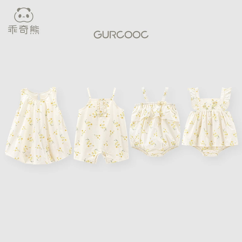 乖奇熊女宝宝吊带连体衣夏季薄款婴幼儿可爱碎花哈衣爬服无袖