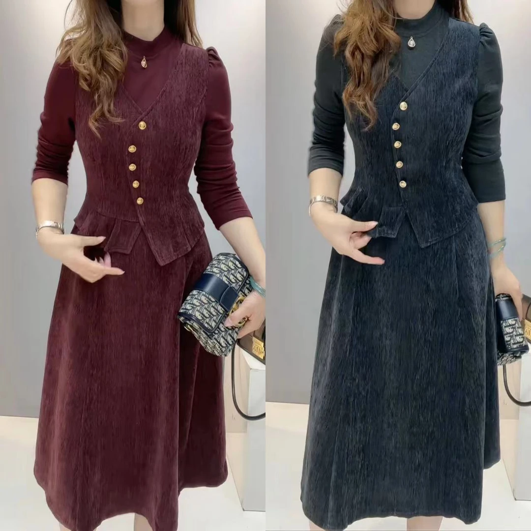 A字裙松紧腰纯色显瘦长袖连衣裙时尚气质复古