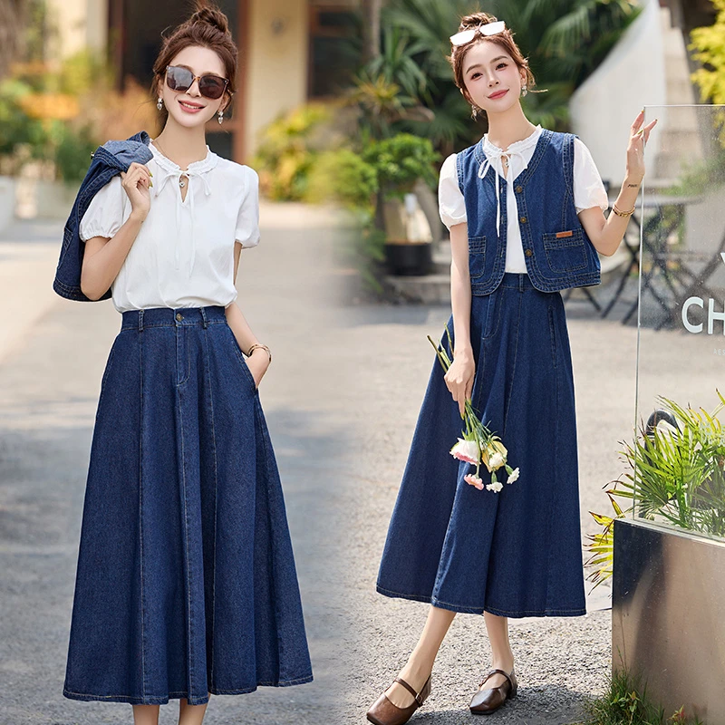复古港风马甲牛仔套装裙女2025年夏季新款高级感衬衫半身裙三件套