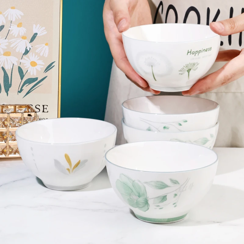 孟垣春景系列4.5英寸5只装碗陶瓷米饭碗吃饭碗家用三个花色随机