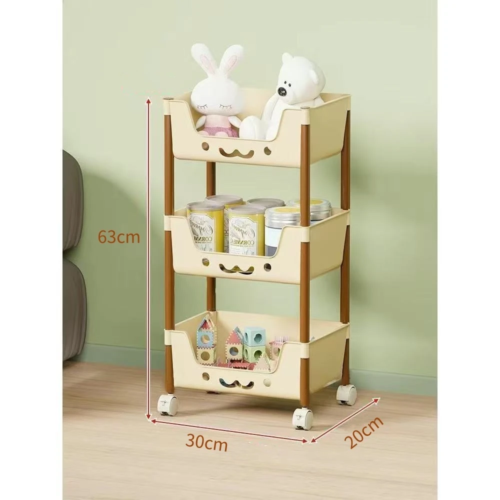 【下单看图】三层奶咖儿童玩具收纳架书架家用小推车整理架带轮-2