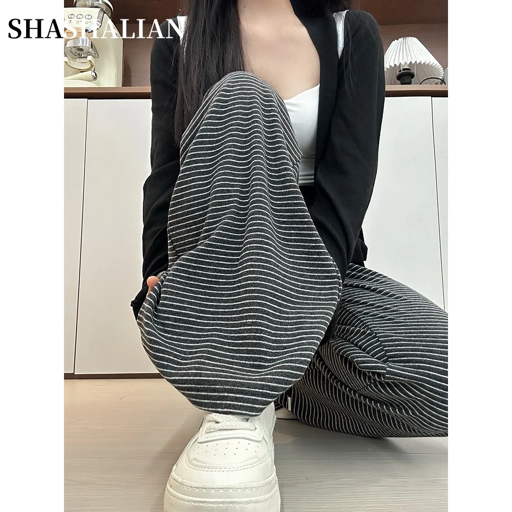 女2025新款秋季韩系条纹拖地裤高腰显瘦垂感慵懒风遛弯阔腿休闲裤