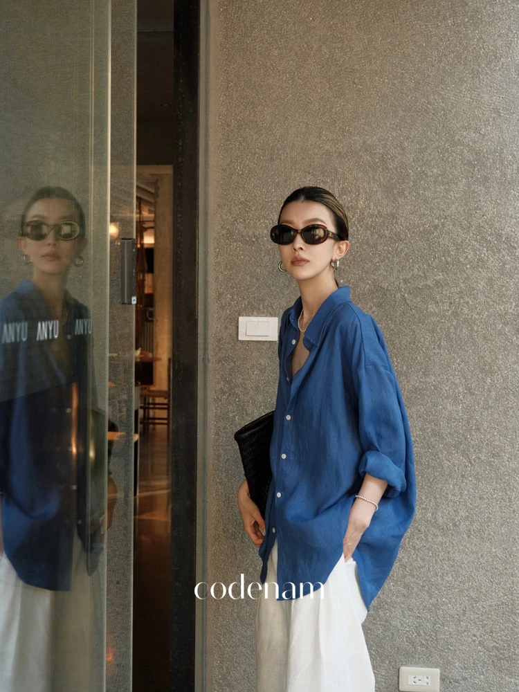 2025春夏新款高级感亚麻长袖蓝色衬衫女百搭通勤棉麻法式宽松衬衣