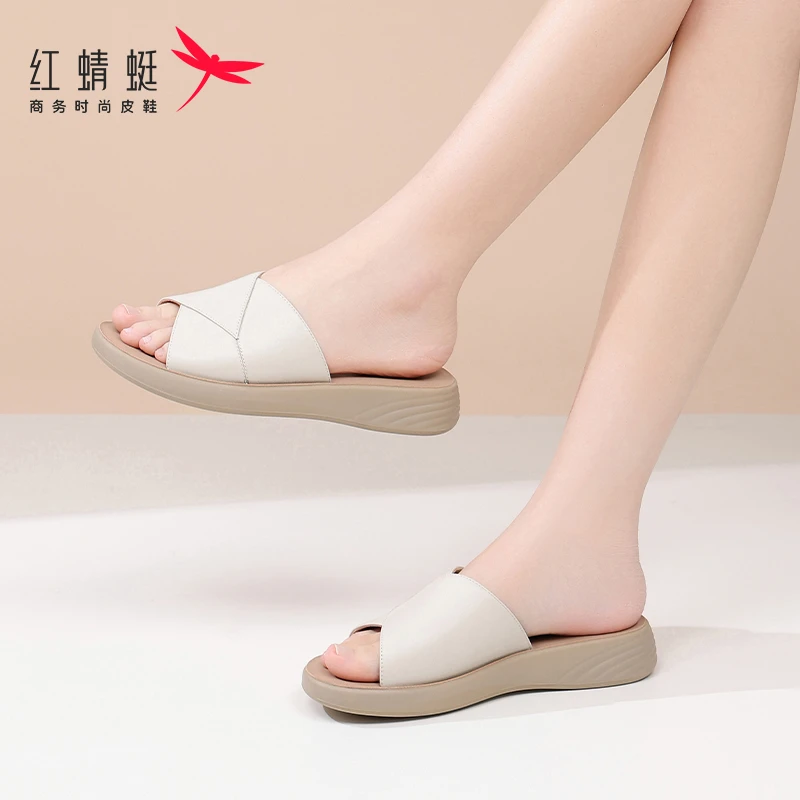 红蜻蜓头层牛皮外穿户外懒人便携真皮厚软底一字拖百搭女士凉拖鞋