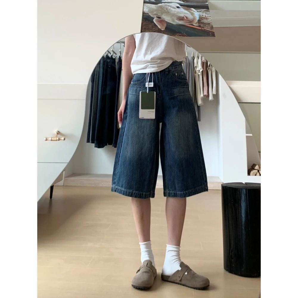 美式复古深蓝休闲七分牛仔裤女2025春夏新款直筒宽松显瘦百搭裤子