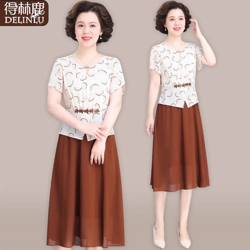中年妈妈夏装气质短袖收腰雪纺连衣裙中老年人假两件长裙子女夏季
