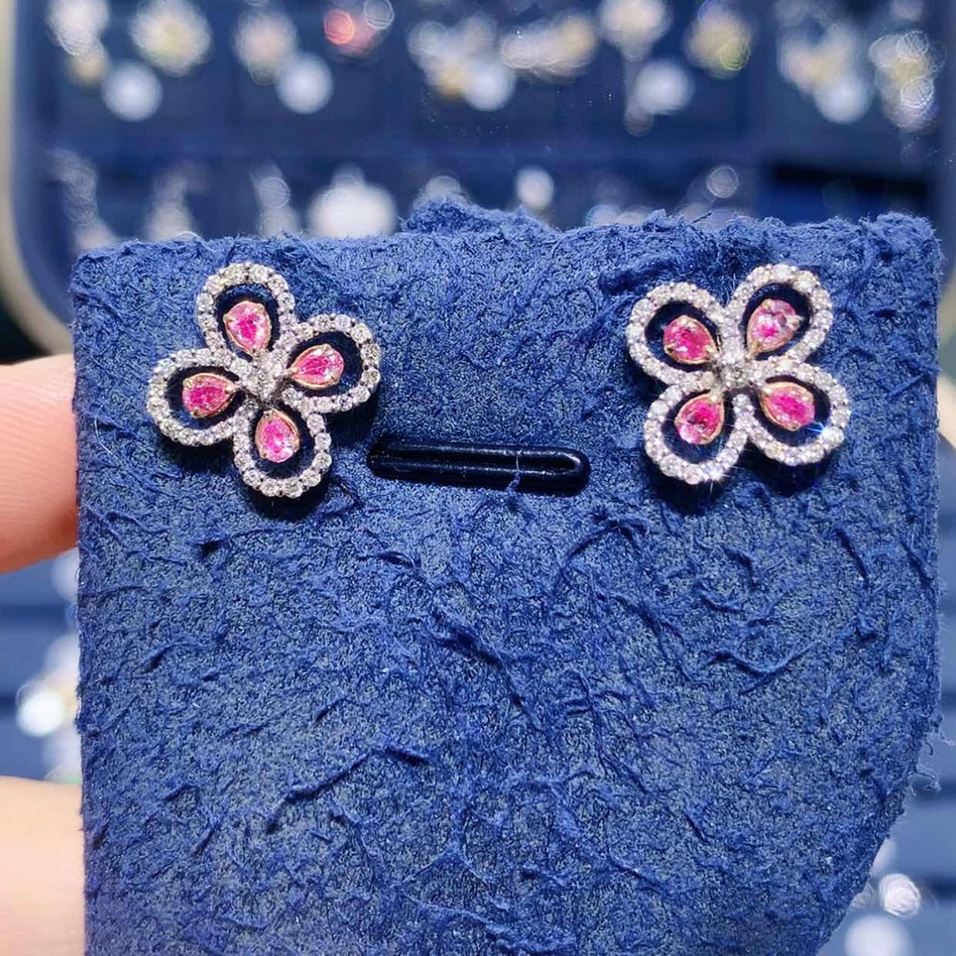 【闪购商品】18K金镶嵌耳饰钻石粉钻四叶草耳钉