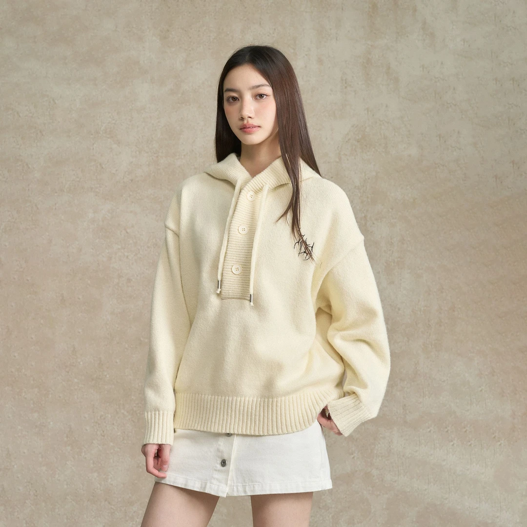 BONELESS春季刺绣字母毛衣抽绳设计卫衣外套男女宽松针织连帽衫