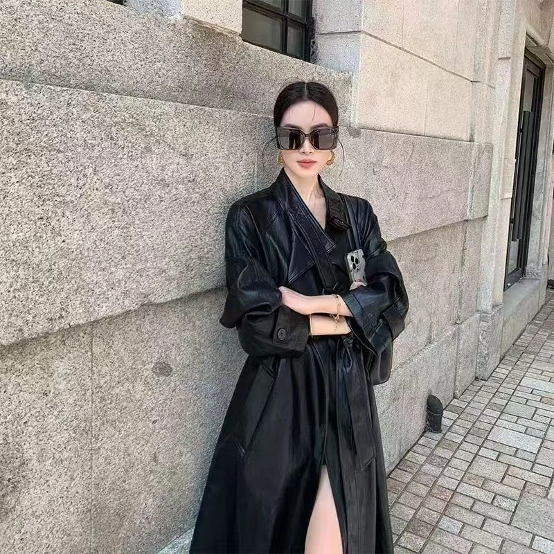 常规时尚系带宽松中长款气质轻职风长款皮衣秋冬水洗