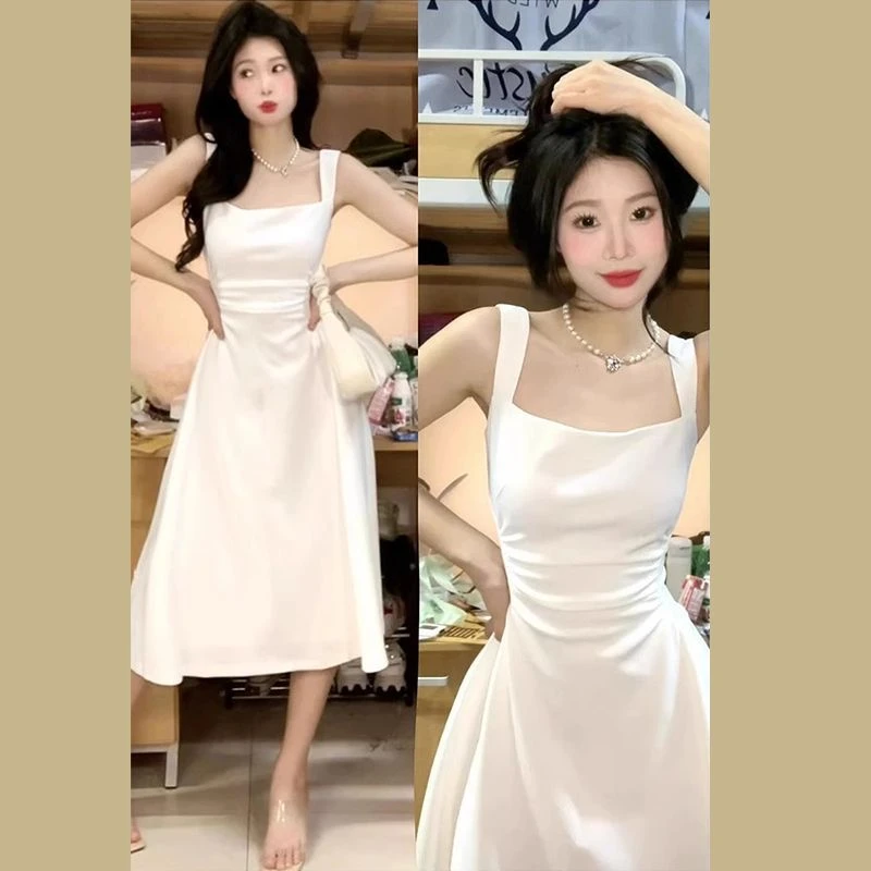 收腰显瘦白色吊带连衣裙女2025夏季超仙气质褶皱法式初恋长裙子
