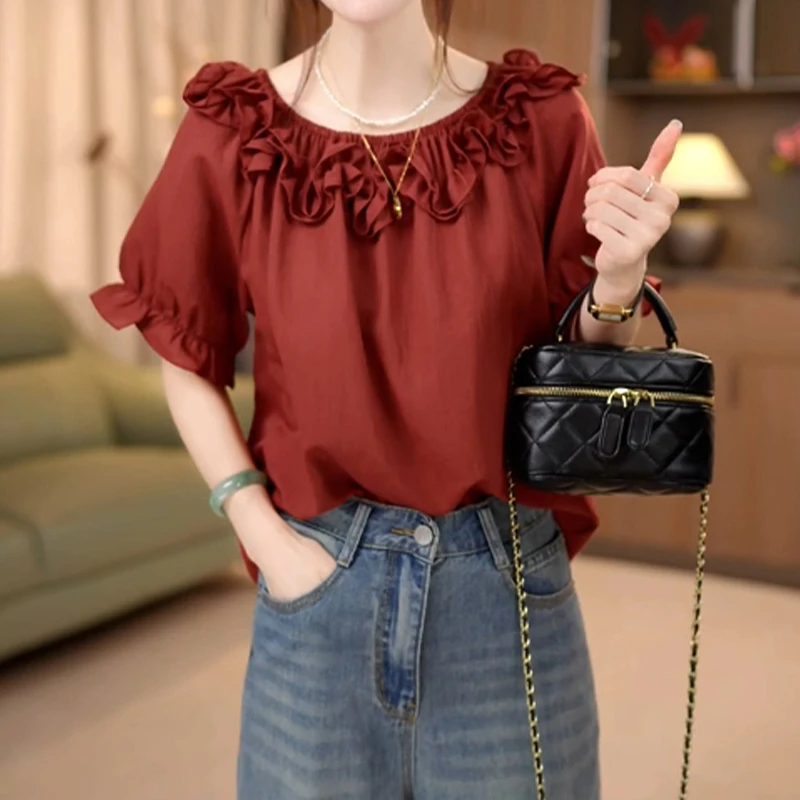 法式轻奢拼接花边圆领一字领衬衫女夏季新款轻薄时尚减龄高级上衣