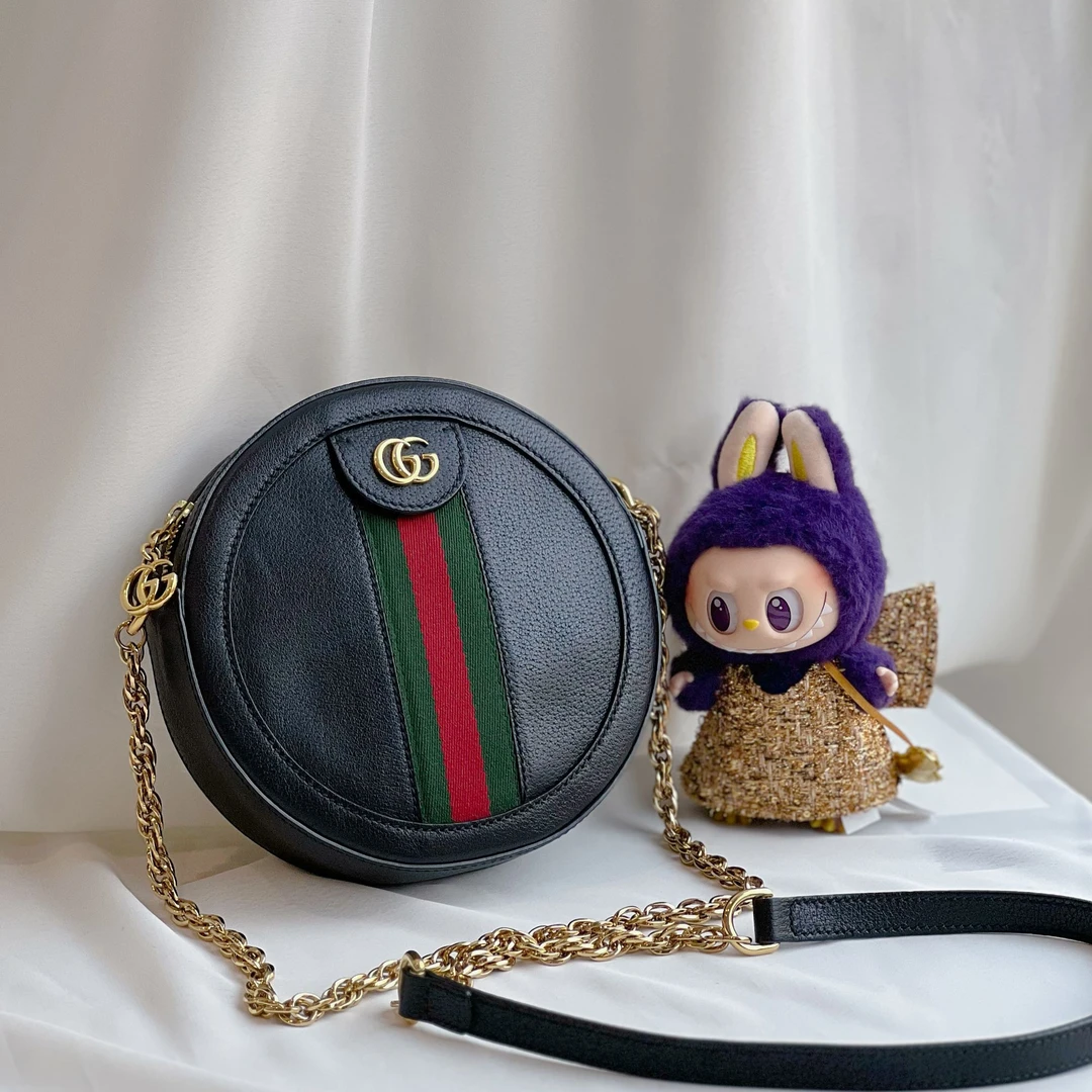 95新 GUCCI/古驰 黑色全皮小号Ophidia 圆饼单肩包