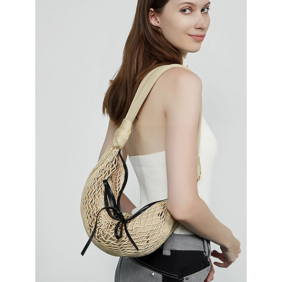 顾客定制新款秀场编织女包辣妹而小众时尚百搭撞色渔网牛角网编织